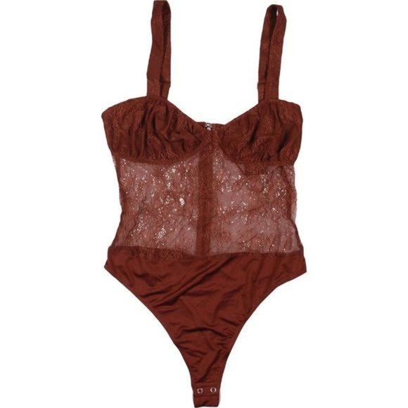 NWT Danielle Bernstein Brown Lace Thong Sleeveless Bodysuit Top - Picture 2 of 9